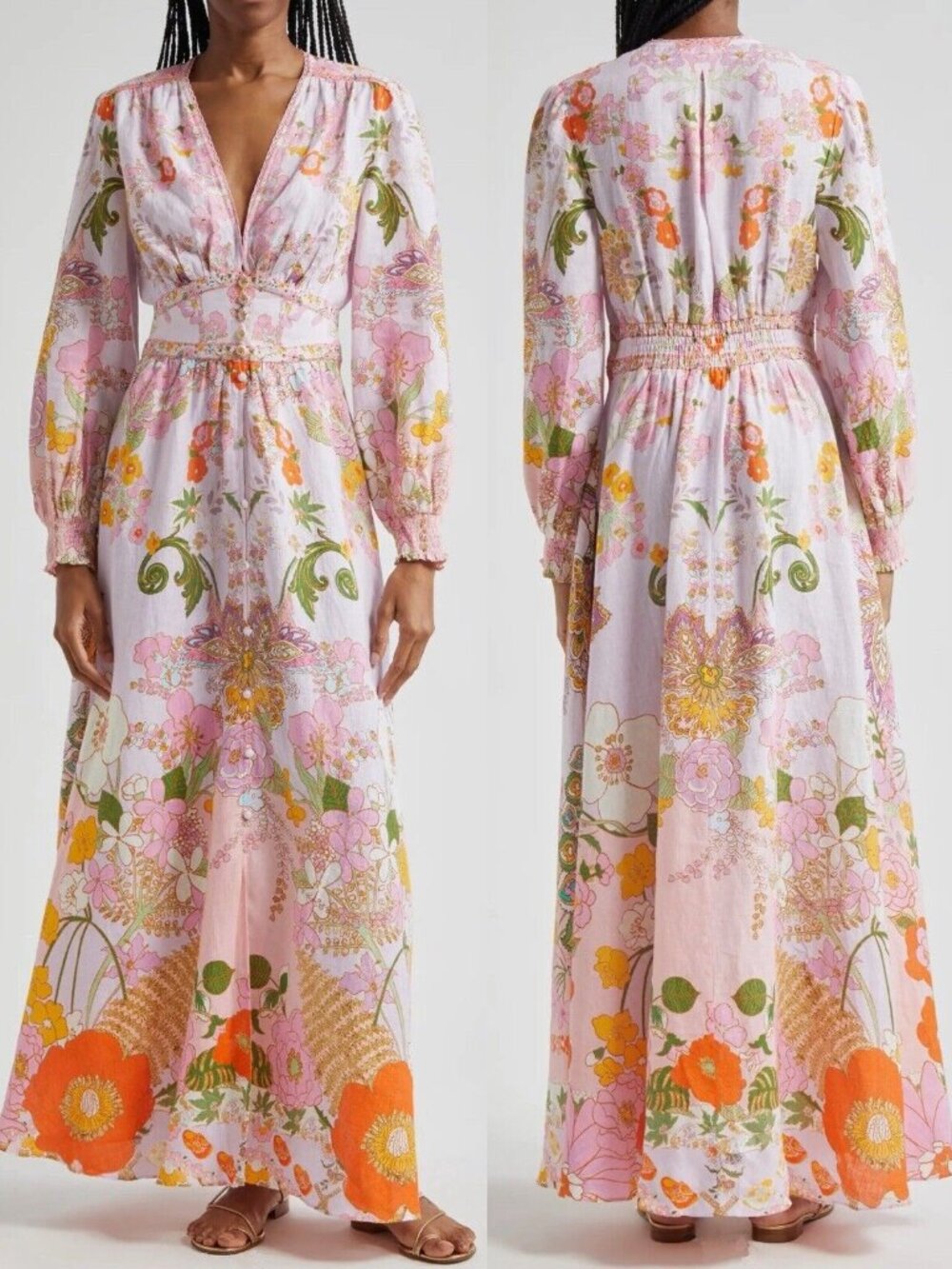 CAMILLA Linen V-Neck Empire Waist Long Sleeves Floral Maxi Dress - Clover Clogs